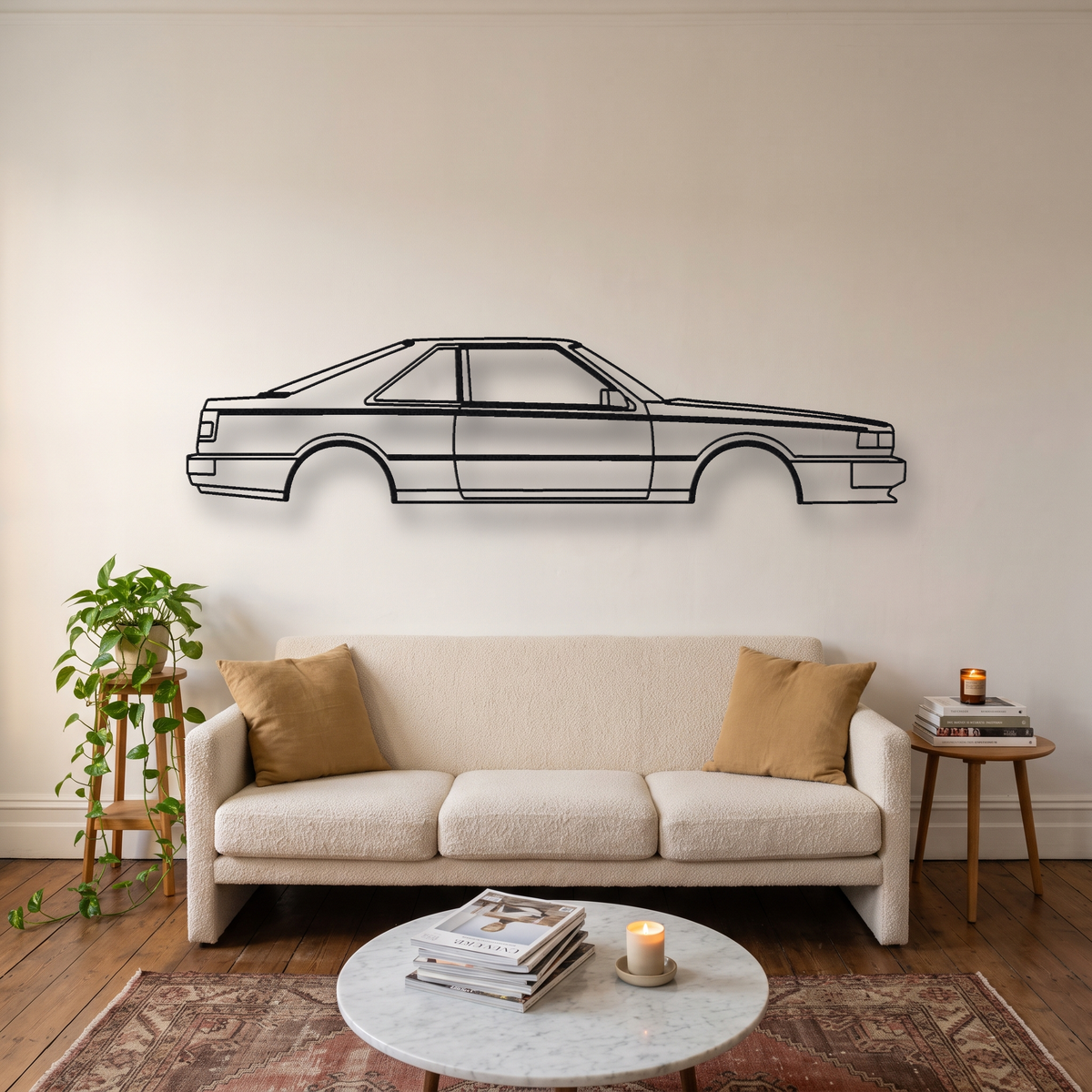 Nissan Silvia / 200SX S12 metal wall art silhouette, front view on wall