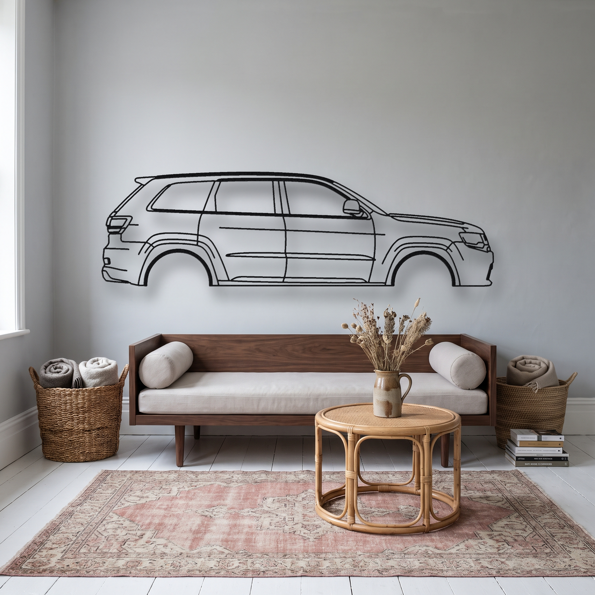 Jeep Grand Cherokee Trackhawk metal wall art silhouette, front view on wall