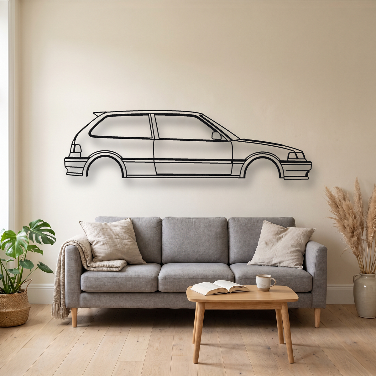 Honda Civic Si Gen 4 EF metal wall art silhouette, front view on wall