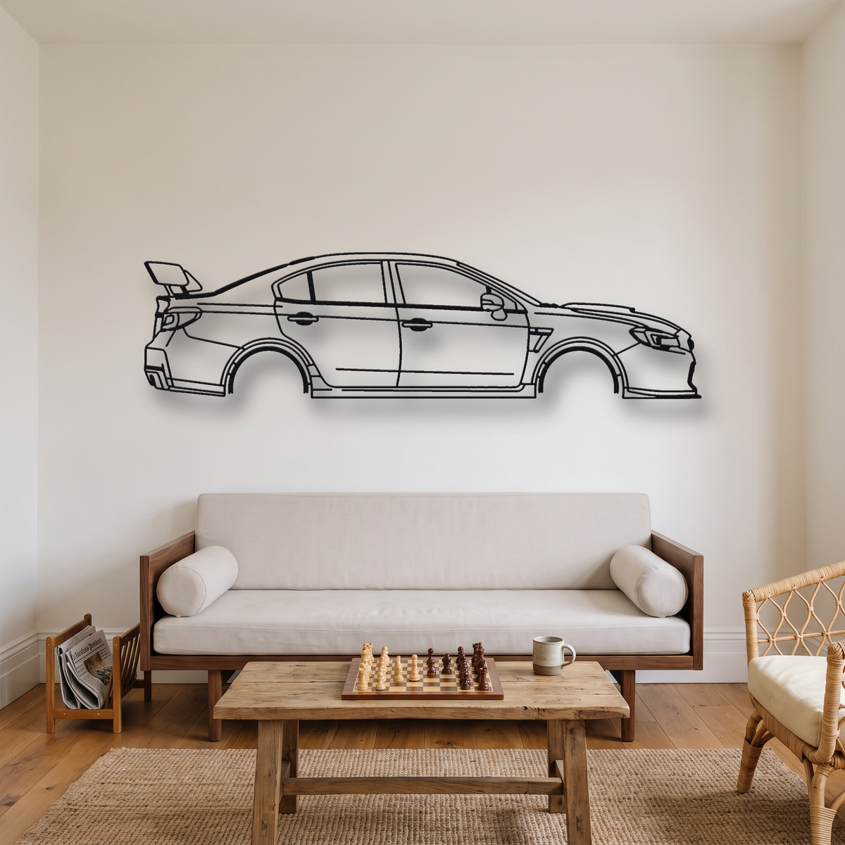 Subaru WRX STI S209 metal wall art silhouette, front view on wall