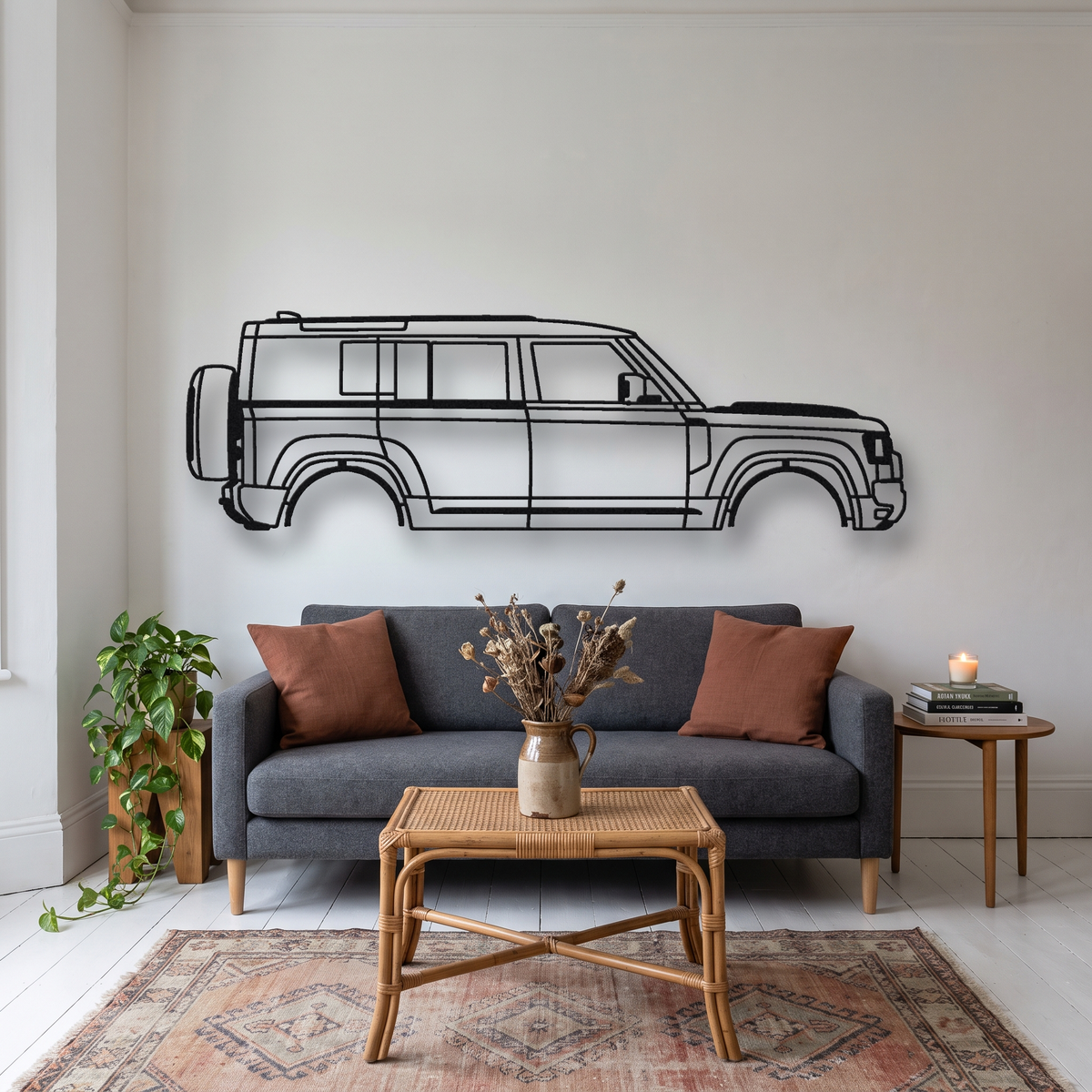 2025- Land Rover Defender OCTA L663 metal wall art silhouette, front view on wall
