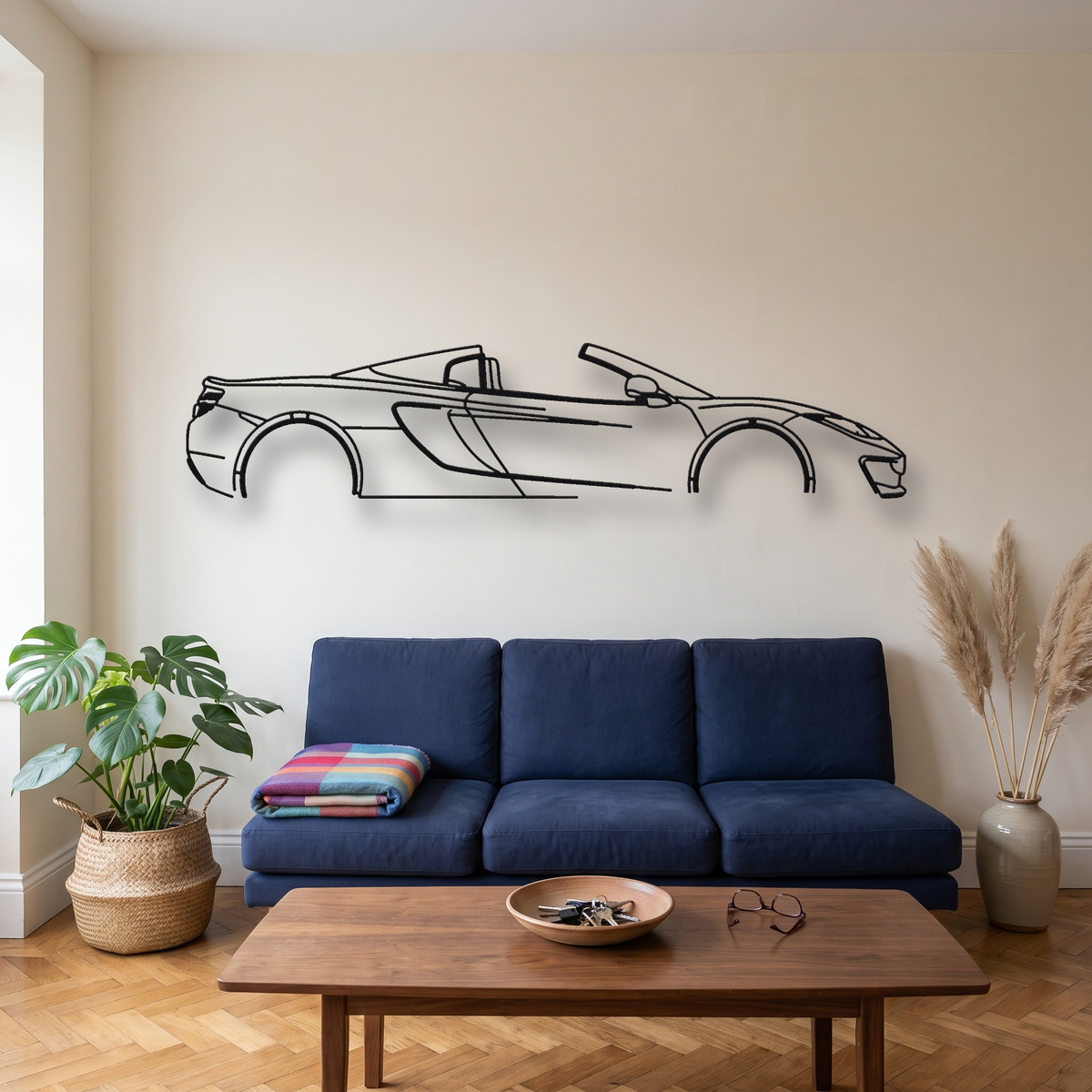 McLaren 12C Spider metal wall art silhouette, front view on wall