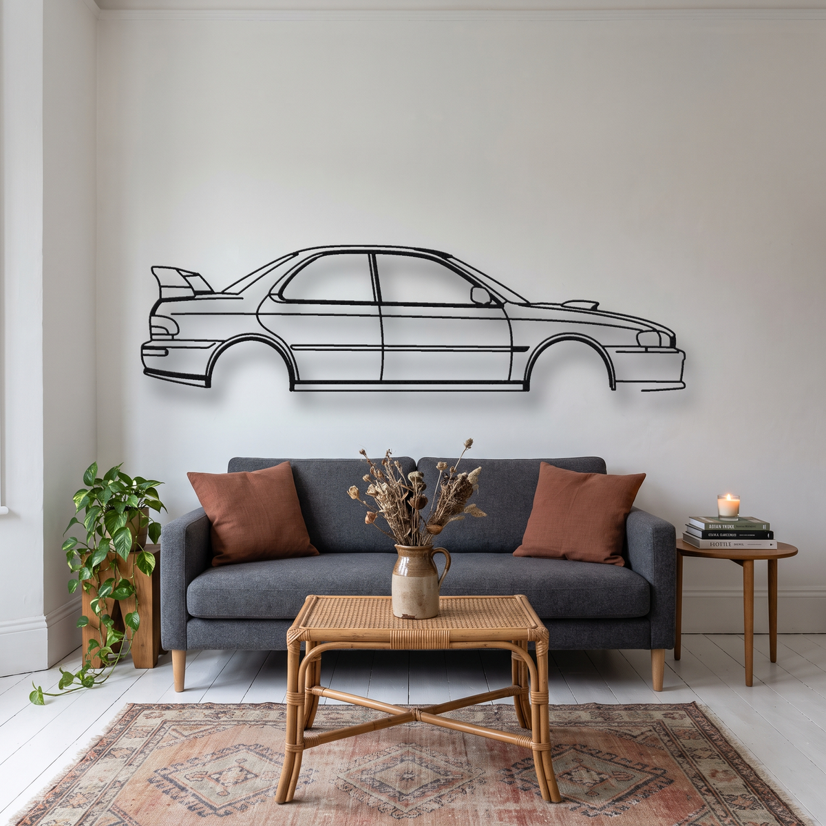 Subaru Impreza WRX Type R STI GC8 metal wall art silhouette, front view on wall