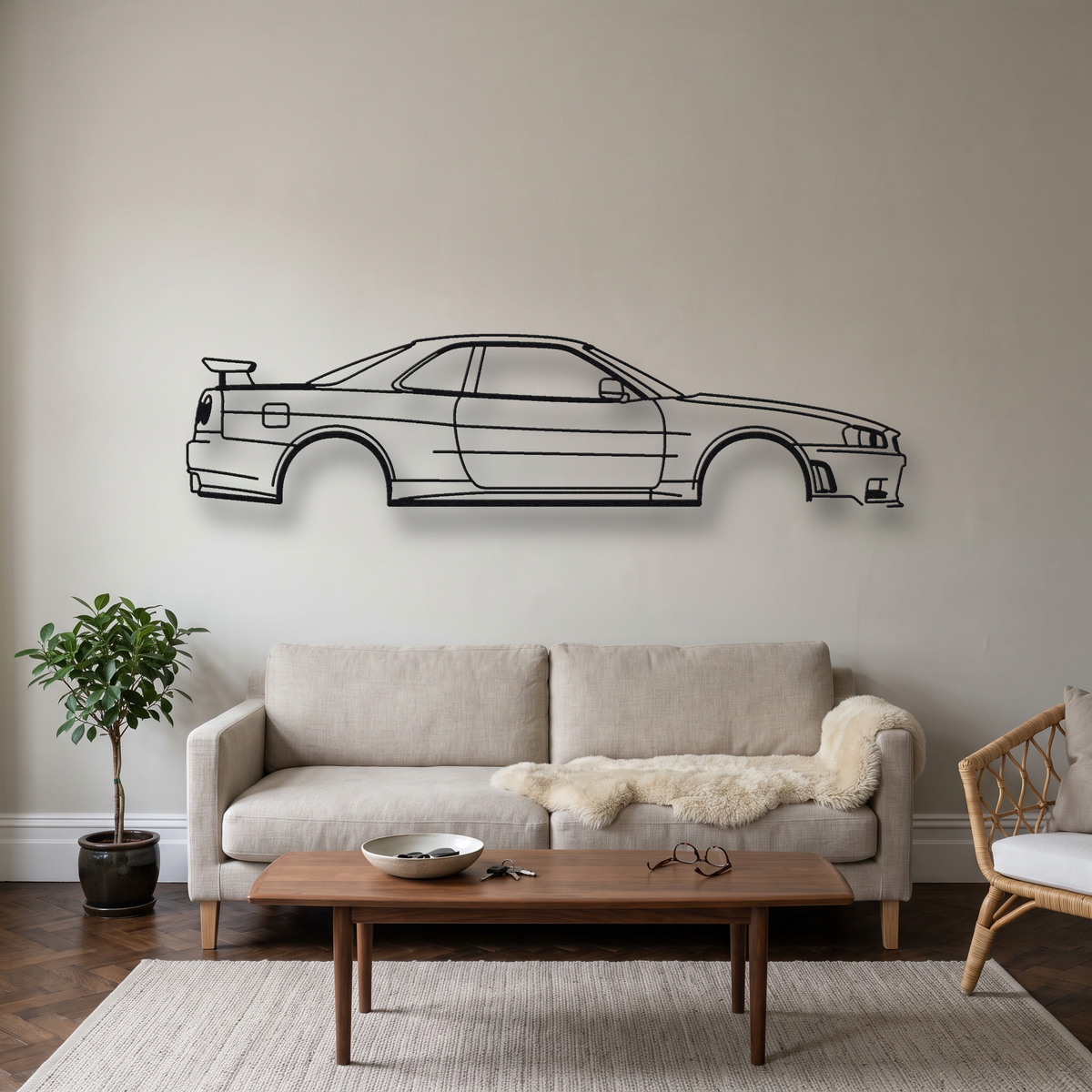 Nissan Skyline GT-R R34 metal wall art silhouette, front view on wall
