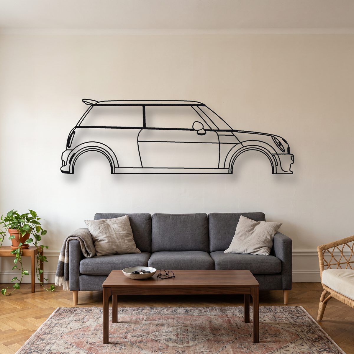 Mini Cooper S John Cooper Works GP R53 metal wall art silhouette, front view on wall