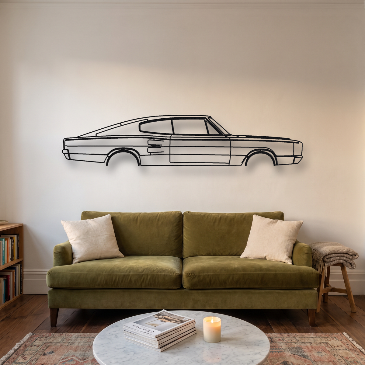 1966-1967 Dodge Charger Gen 1 metal wall art silhouette, front view on wall