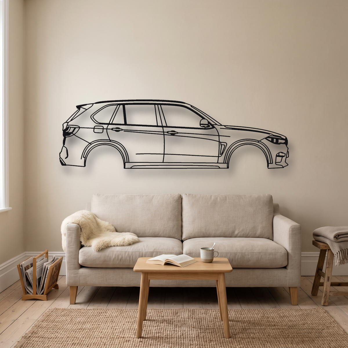 BMW X5M F85 metal wall art silhouette, front view on wall