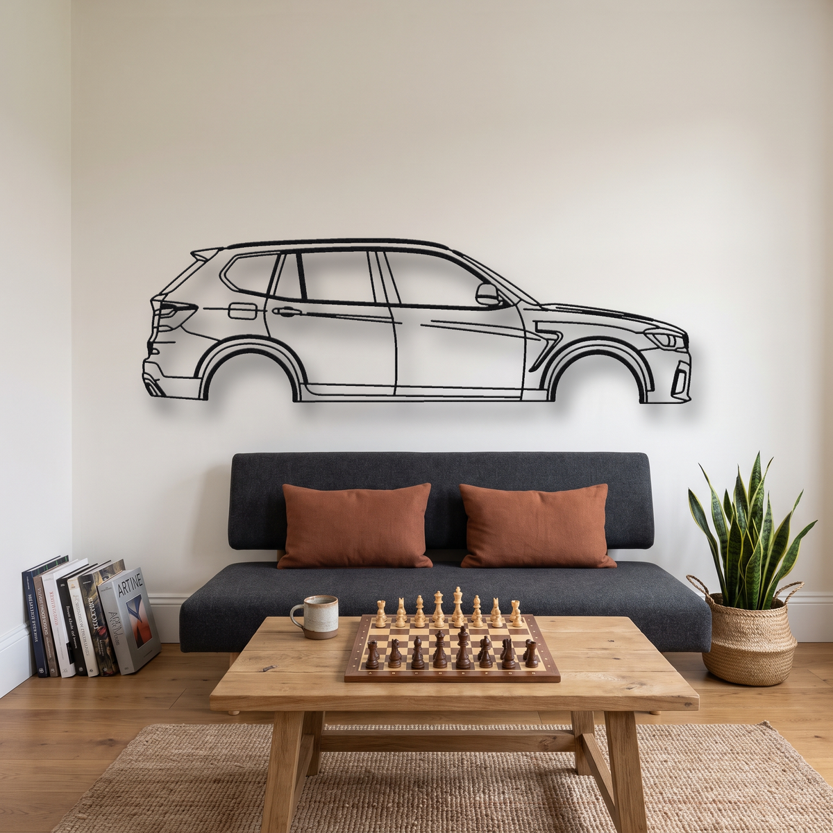 BMW X3M F25 metal wall art silhouette, front view on wall