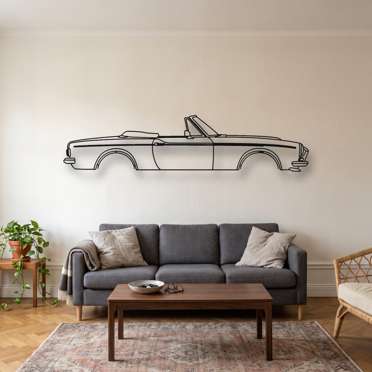 Fiat 124 Spider Abarth metal wall art silhouette, front view on wall