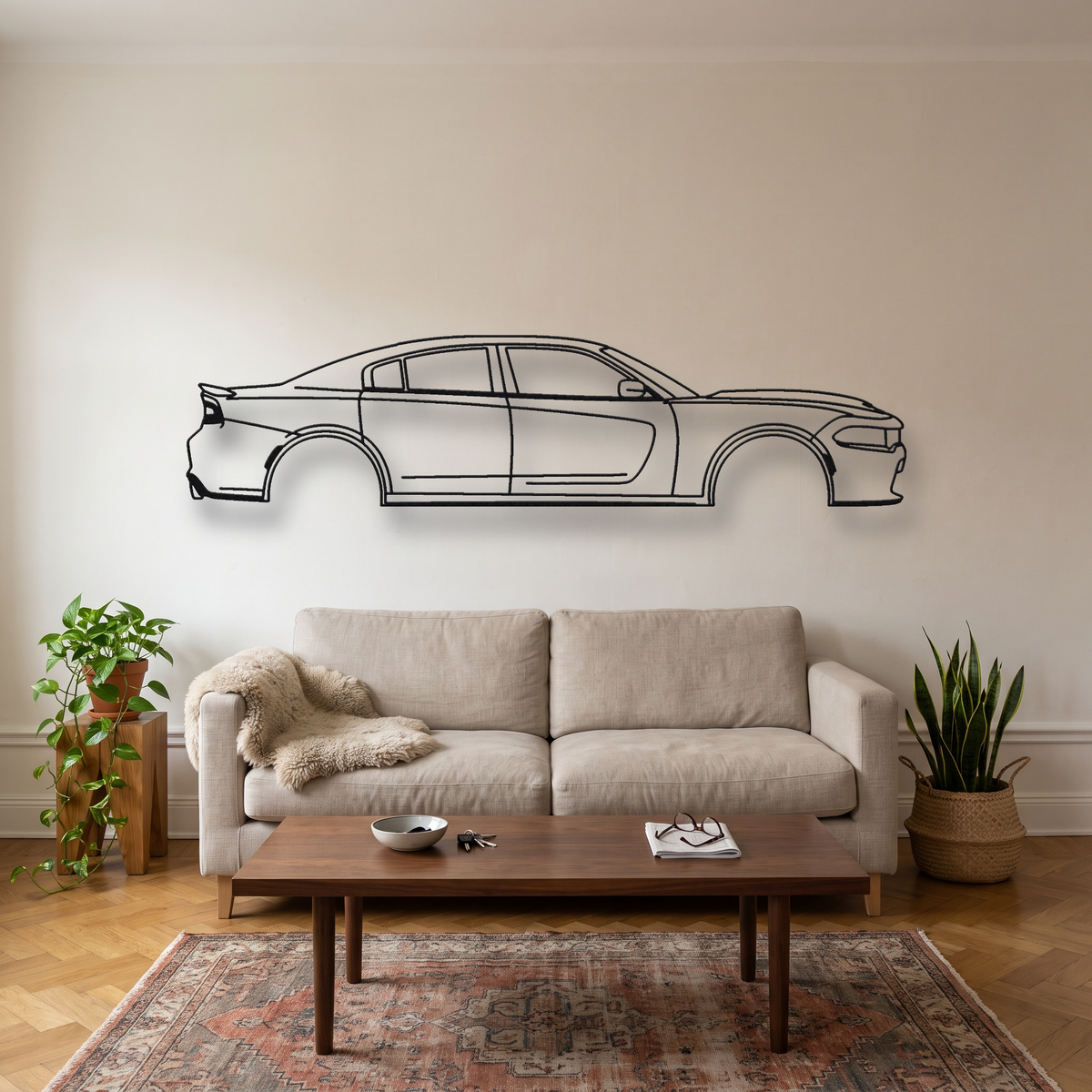 Dodge Charger SRT Hellcat LD metal wall art silhouette, front view on wall