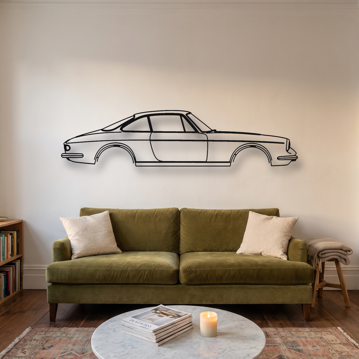 Ferrari 330 GTC metal wall art silhouette, front view on wall