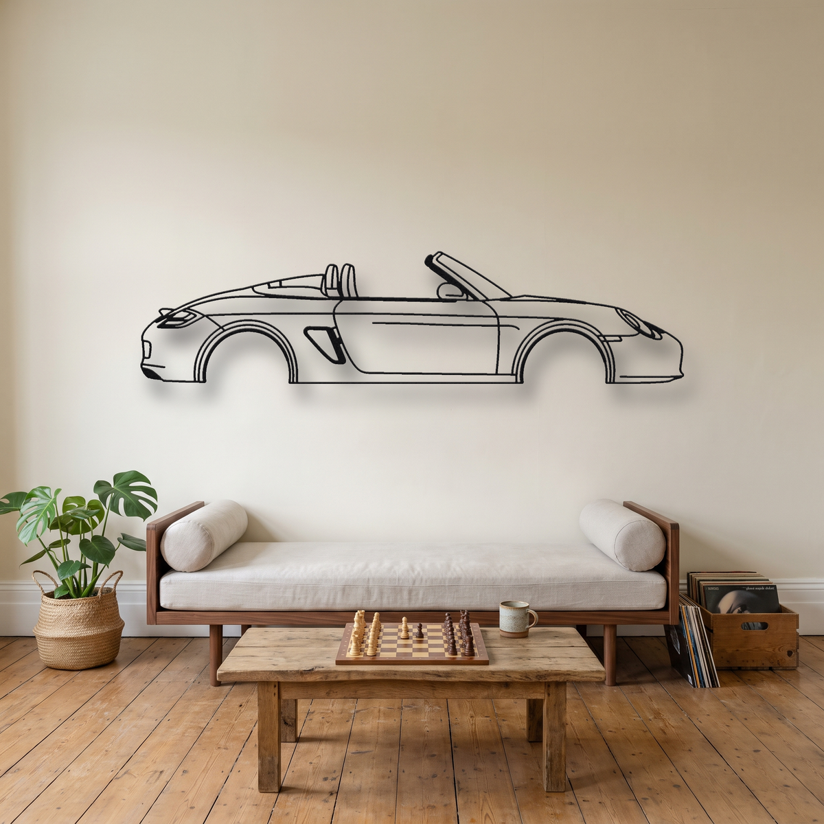 Porsche Boxster Spyder 987 metal wall art silhouette, front view on wall