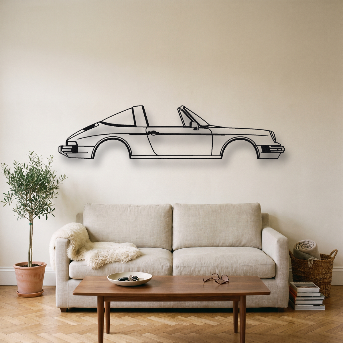 Porsche 911 Carrera 3.2 Targa metal wall art silhouette, front view on wall