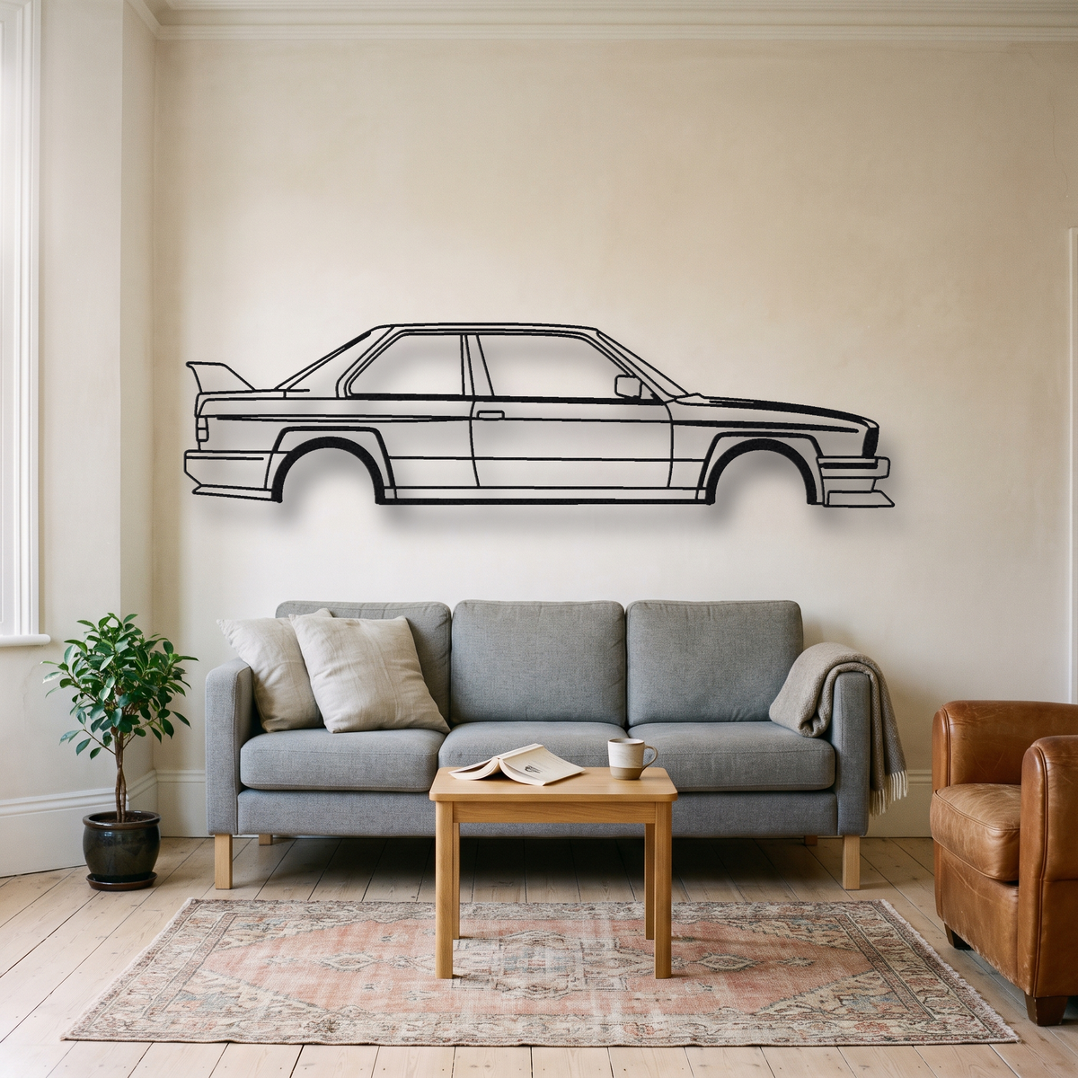 BMW M3 Evolution II E30 metal wall art silhouette, front view on wall