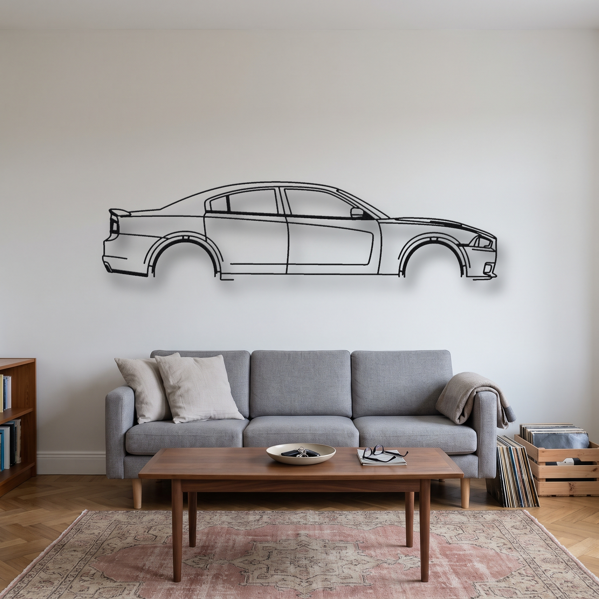 Dodge Charger SRT8 LD metal wall art silhouette, front view on wall