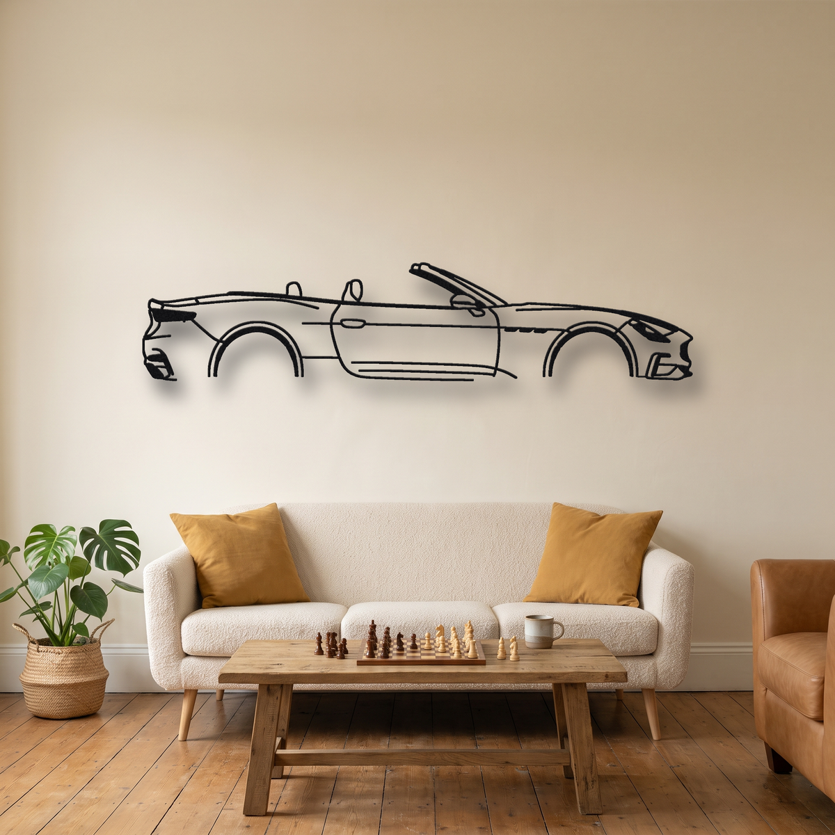 2024- Maserati GranCabrio Trofeo M189 metal wall art silhouette, front view on wall