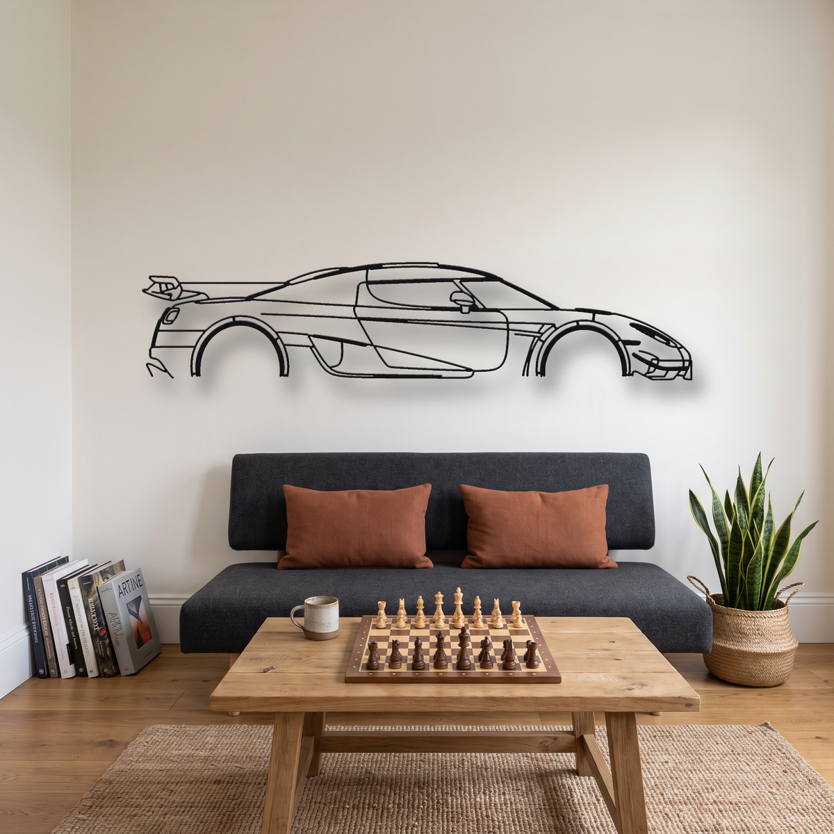 Koenigsegg One:1 metal wall art silhouette, front view on wall