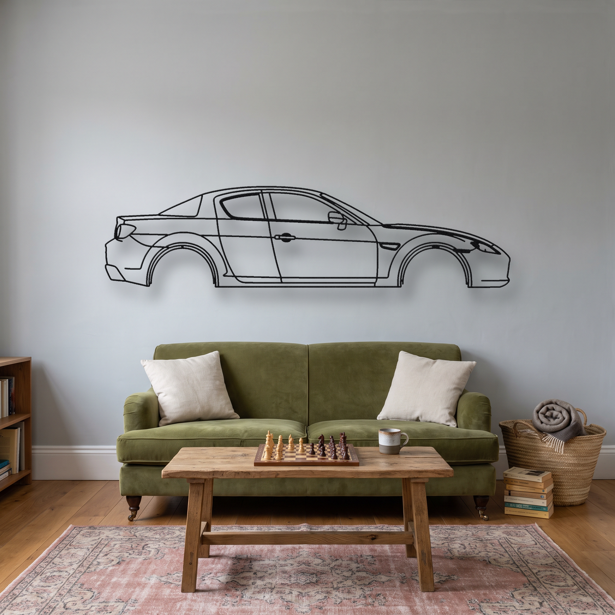 Mazda RX-8 SE3P metal wall art silhouette, front view on wall