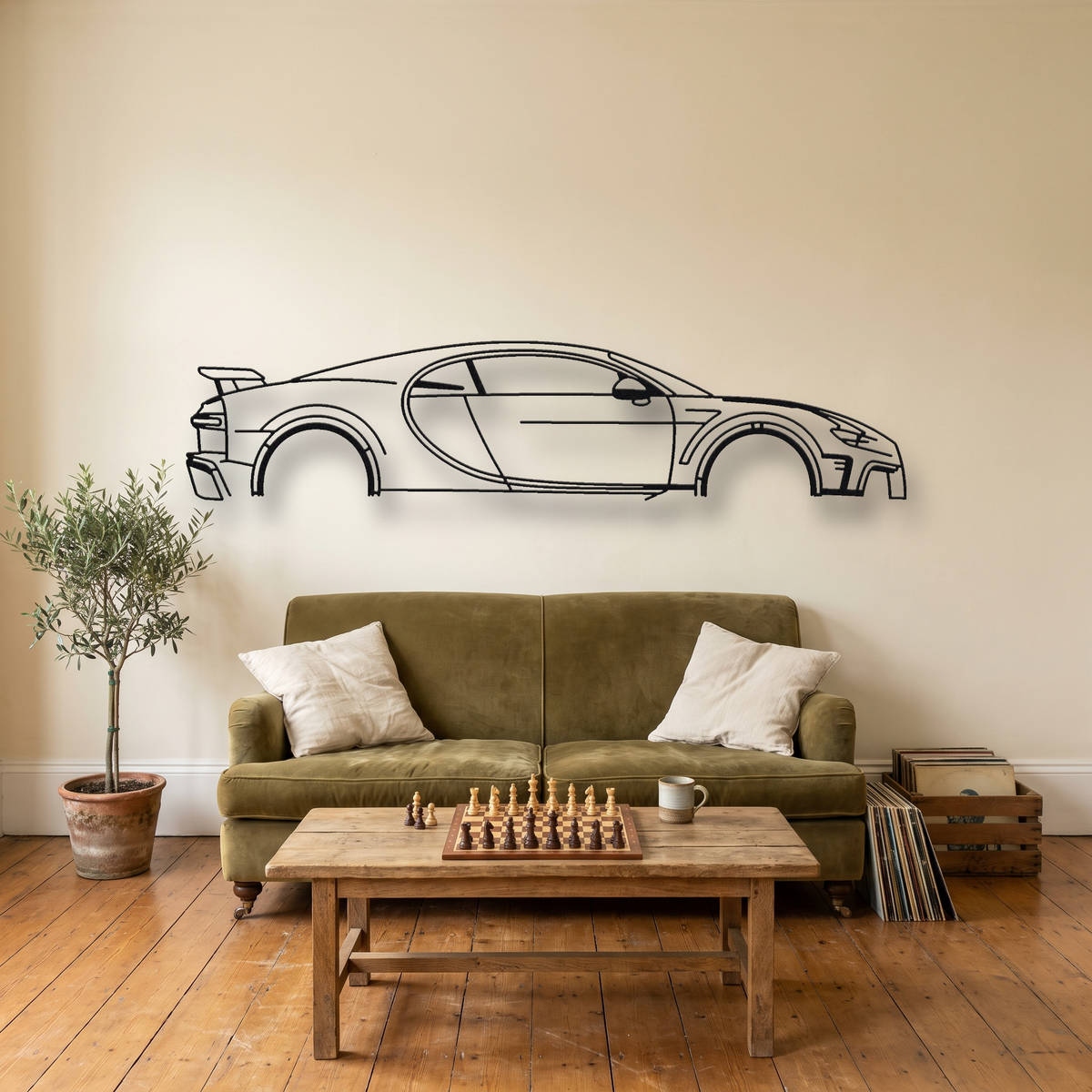 Bugatti Chiron Pur Sport metal wall art silhouette, front view on wall