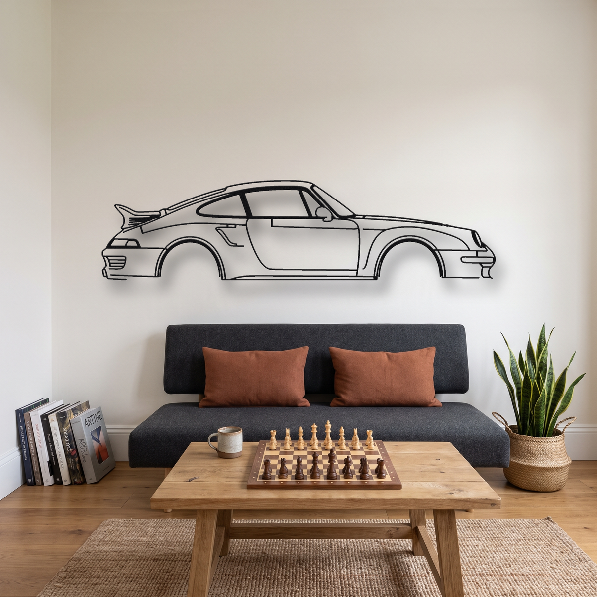 Gunther Werks Turbo 993 metal wall art silhouette, front view on wall
