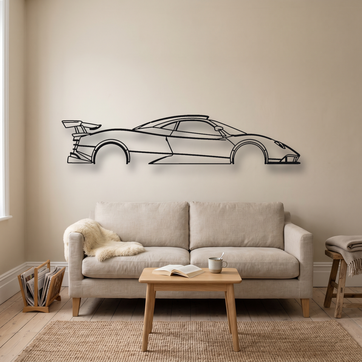 Pagani Zonda Cinque metal wall art silhouette, front view on wall