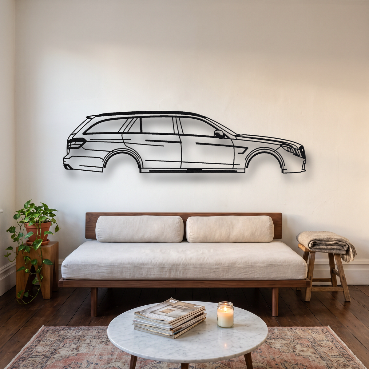 Mercedes-Benz E63 AMG Estate S212 metal wall art silhouette, front view on wall