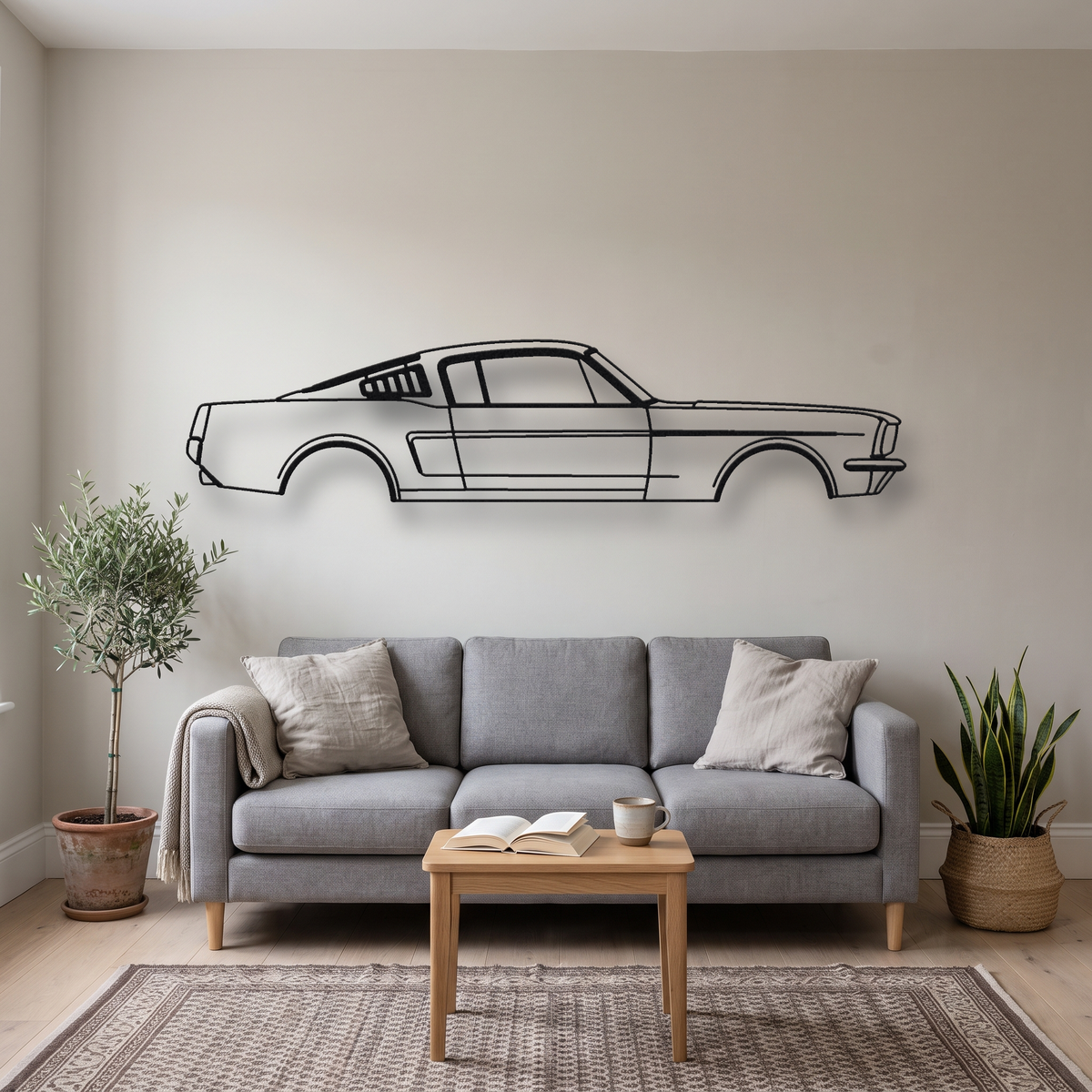 1965-1966 Ford Mustang Fastback 2+2 metal wall art silhouette, front view on wall