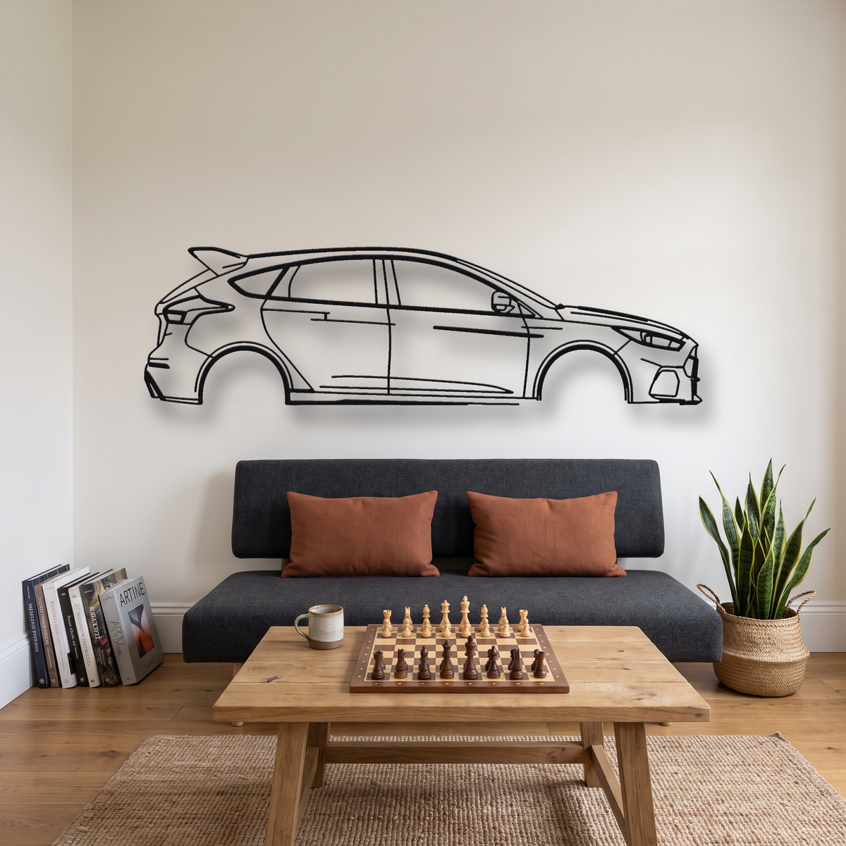 Ford Focus RS MK3 metal wall art silhouette, front view on wall