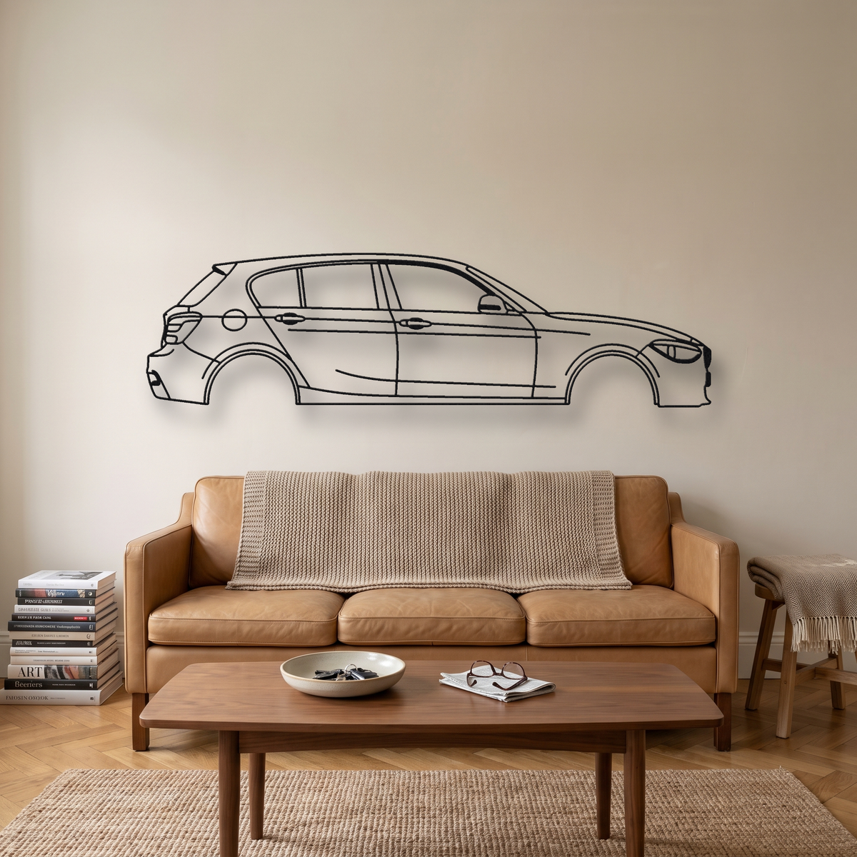 BMW M135i F20 metal wall art silhouette, front view on wall