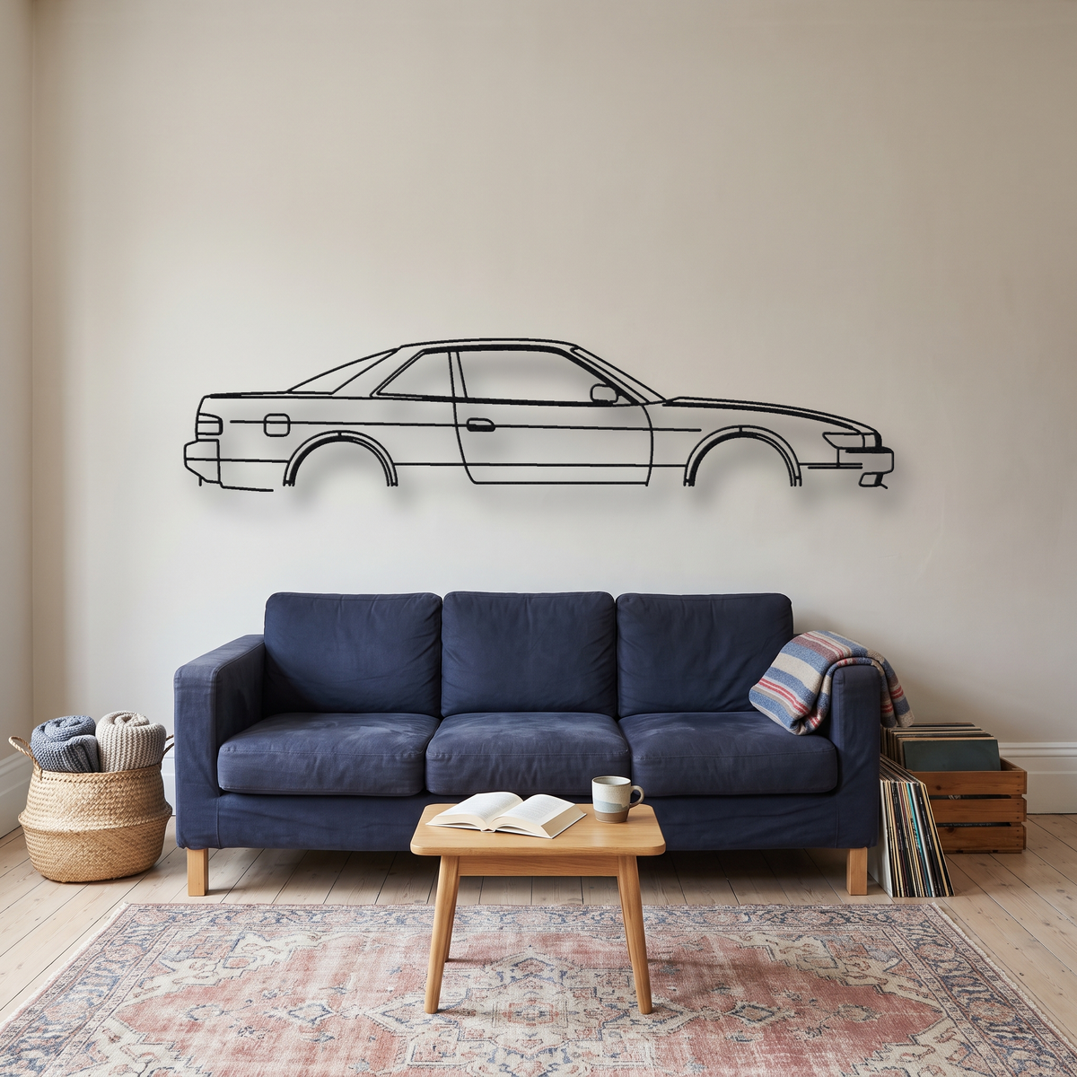 Nissan Silvia S13 metal wall art silhouette, front view on wall