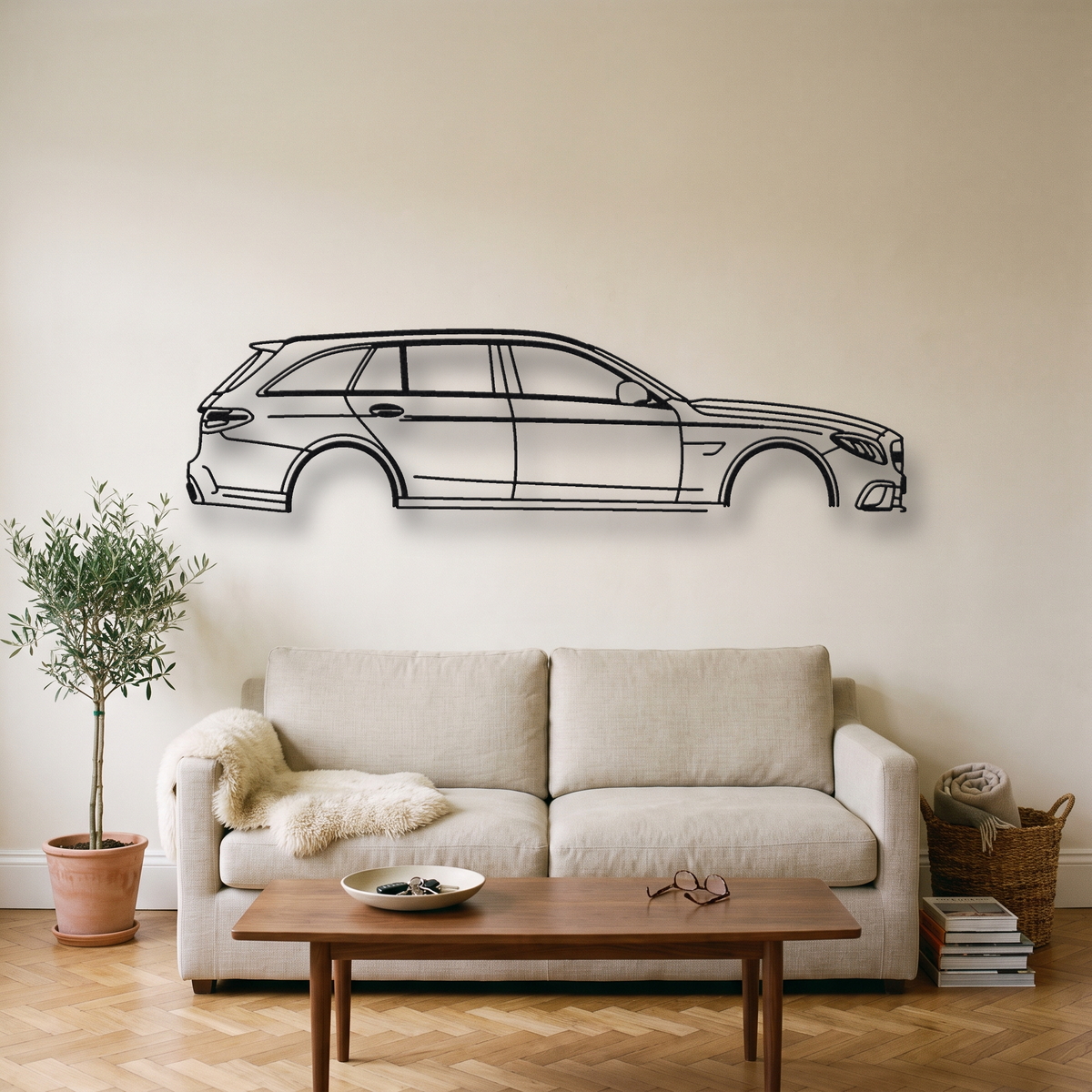 Mercedes-AMG C63 S Estate S205 metal wall art silhouette, front view on wall