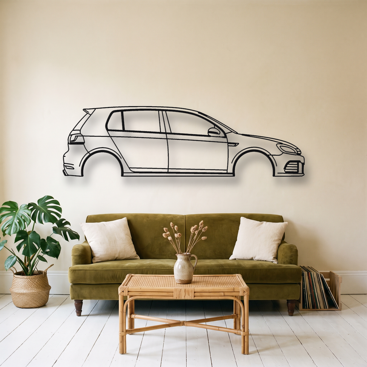 Volkswagen Golf R MK6 metal wall art silhouette, front view on wall