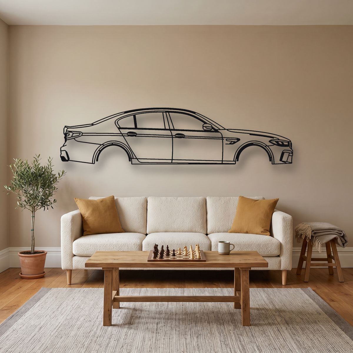 BMW M5 F90 metal wall art silhouette, front view on wall