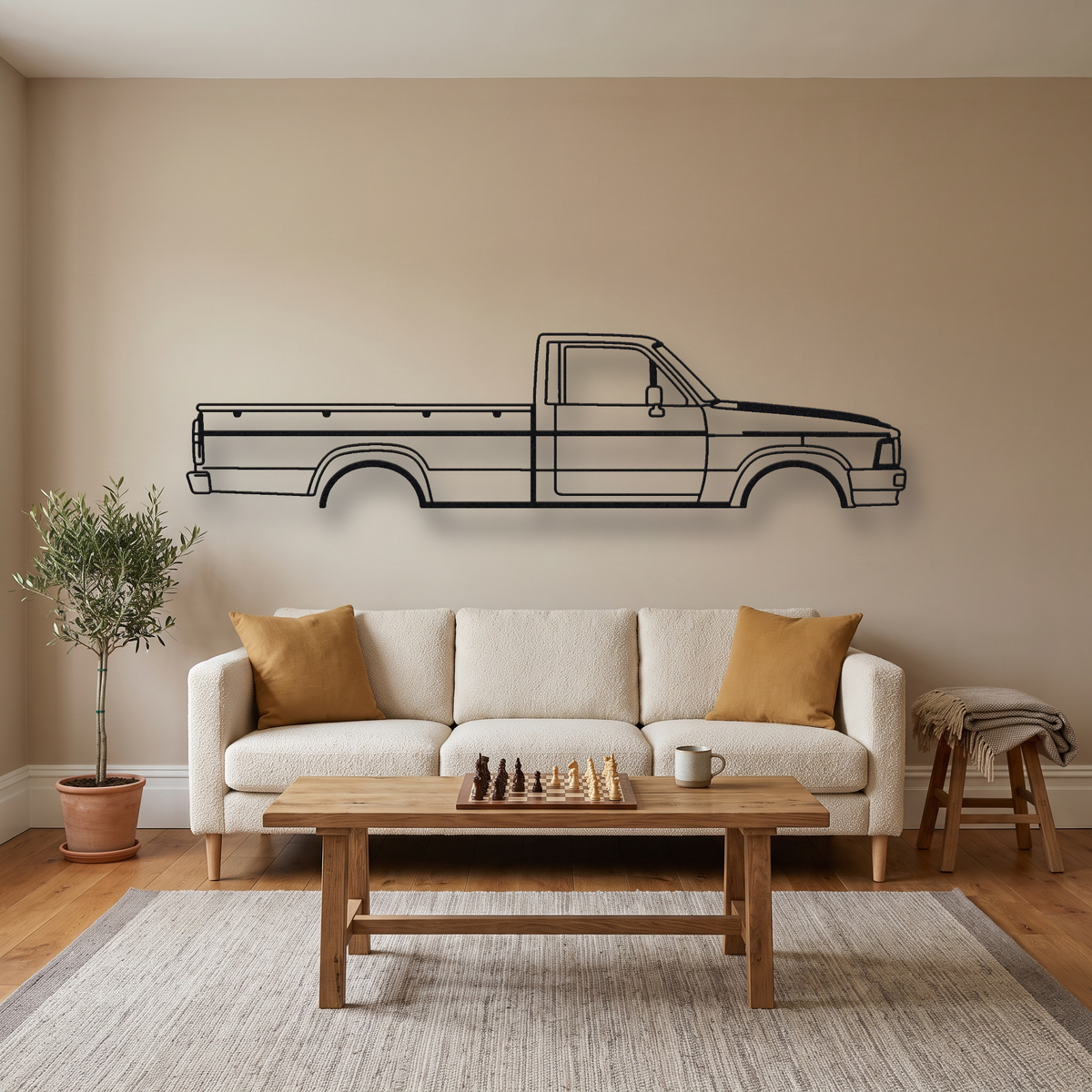 Toyota Hilux Gen 4 metal wall art silhouette, front view on wall