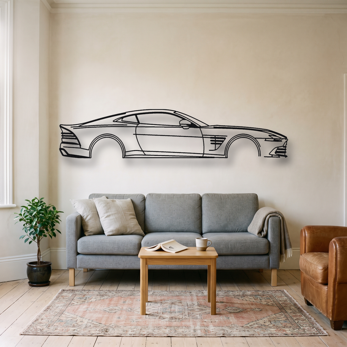 Aston Martin Valour metal wall art silhouette, front view on wall