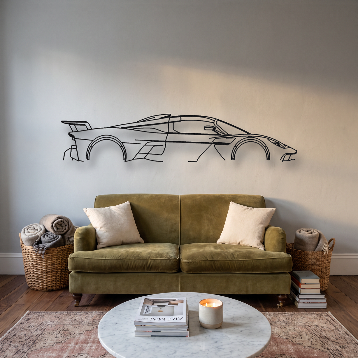 Aston Martin Valkyrie LM metal wall art silhouette, front view on wall