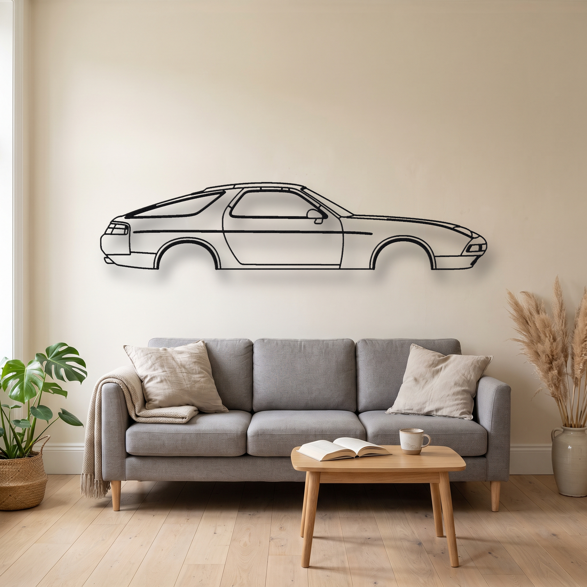 Porsche 928 S4 metal wall art silhouette, front view on wall