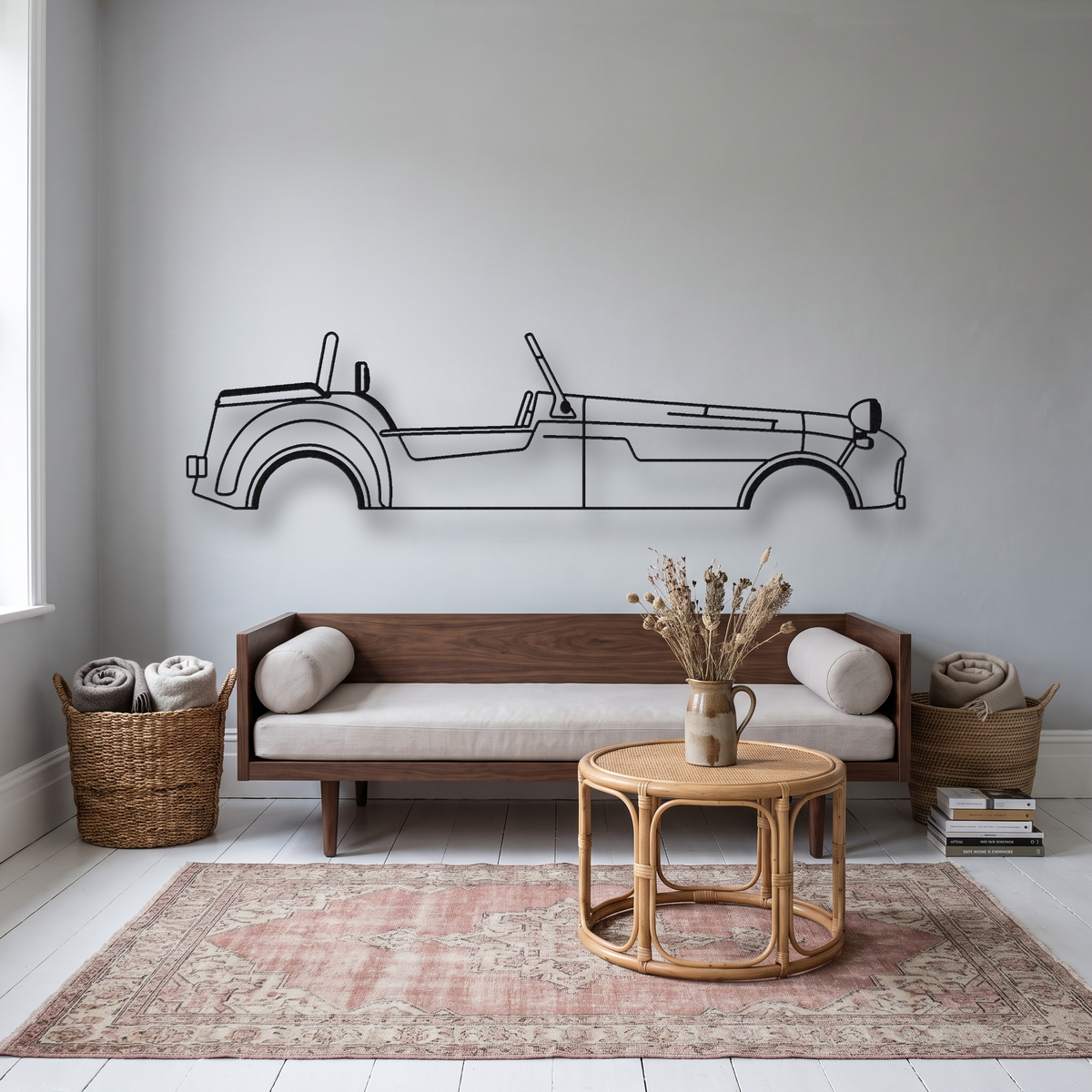Caterham Super Seven metal wall art silhouette, front view on wall