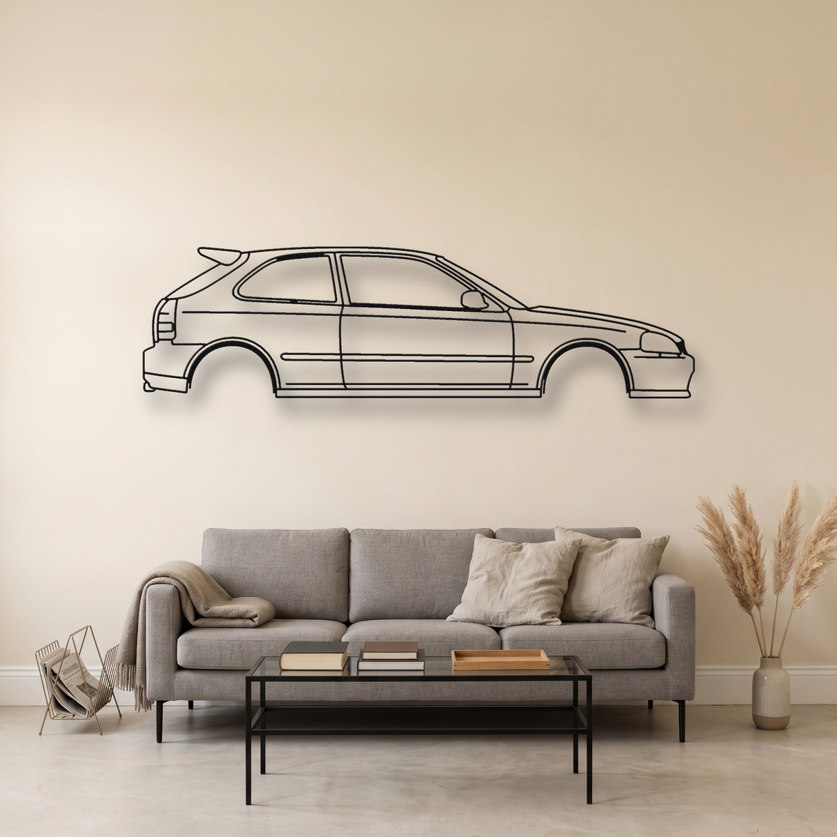 Honda Civic Type R EK9 metal wall art silhouette, front view on wall
