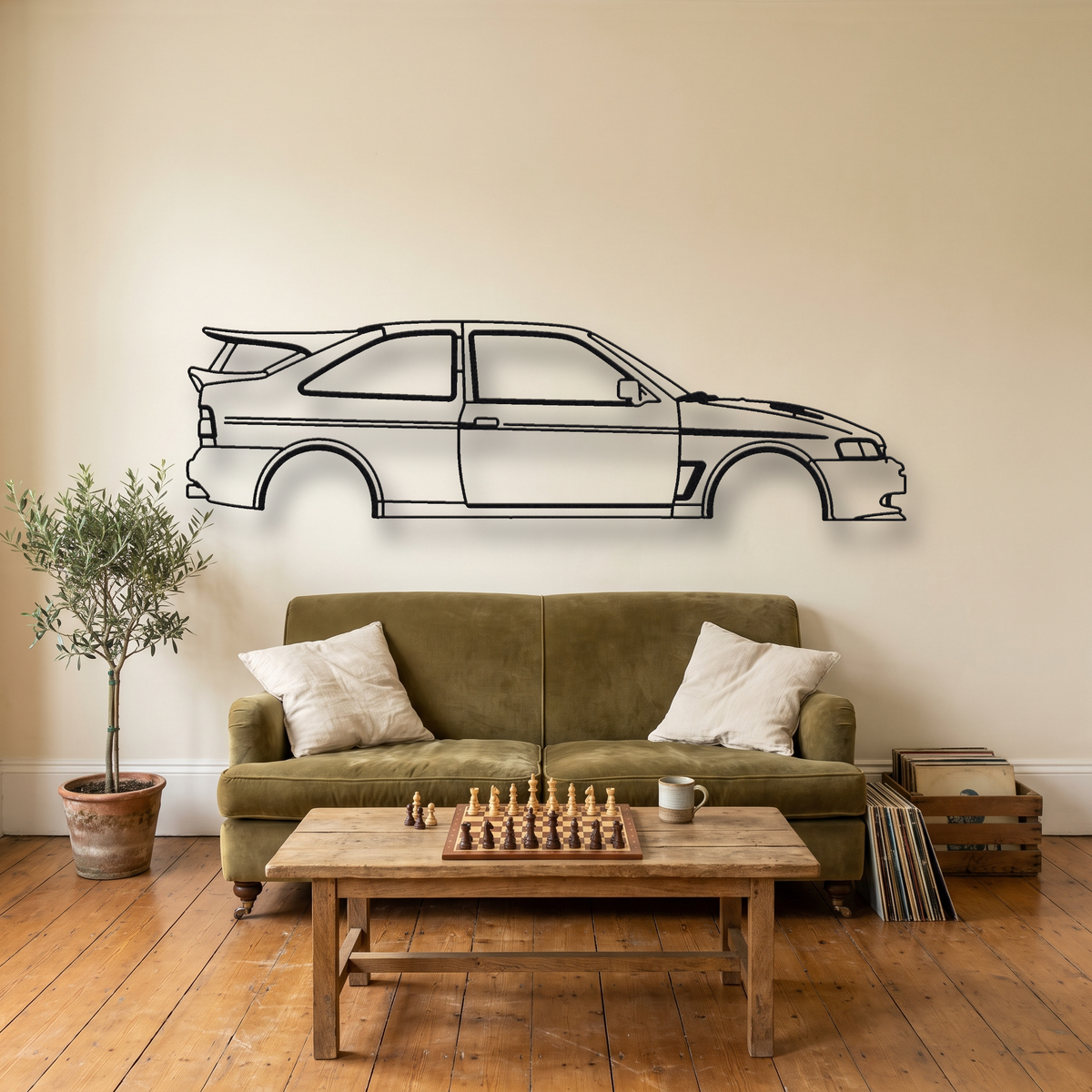 Ford Escort RS Cosworth metal wall art silhouette, front view on wall