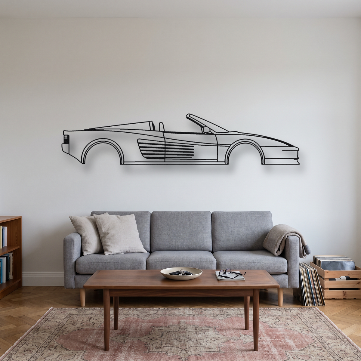 Ferrari Testarossa Spider Valeo metal wall art silhouette, front view on wall