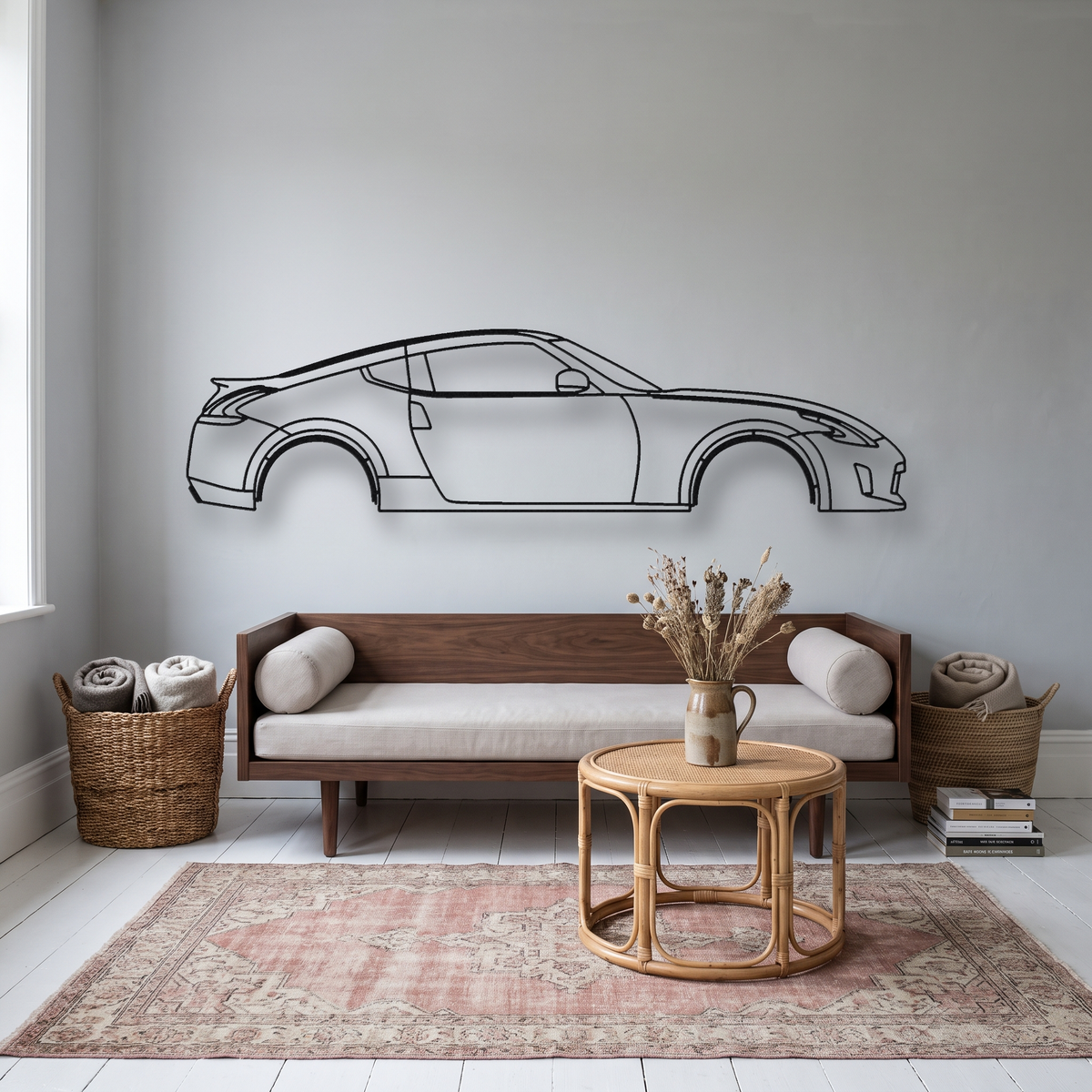 Nissan 370Z Z34 metal wall art silhouette, front view on wall