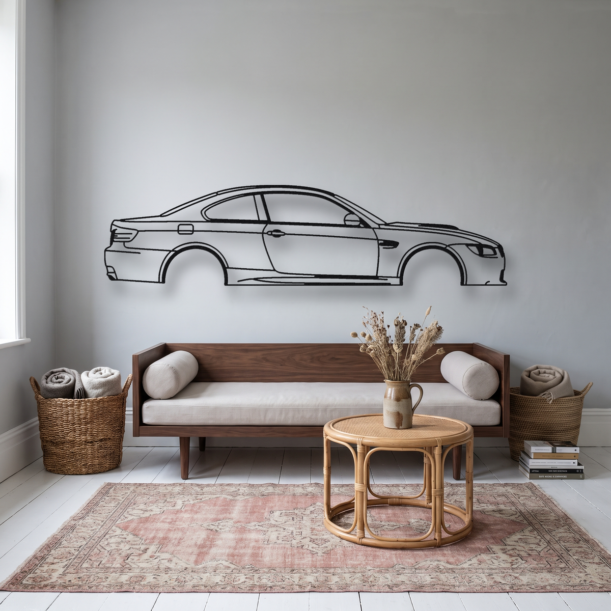 BMW M3 E92 metal wall art silhouette, front view on wall