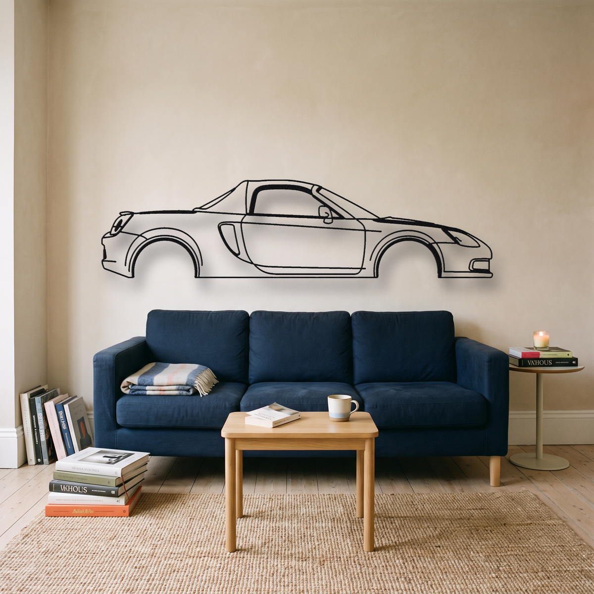 Toyota MR2 Spyder W30 metal wall art silhouette, front view on wall