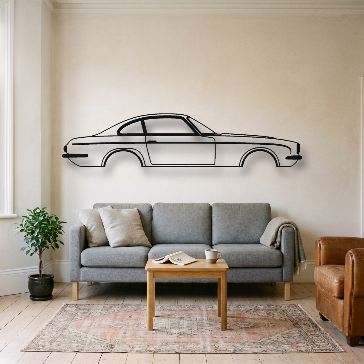 Lamborghini 350 GT metal wall art silhouette, front view on wall