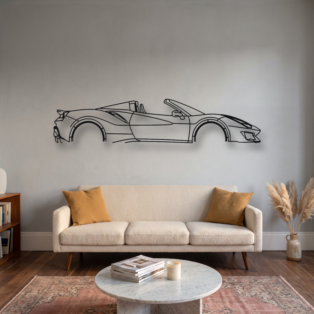 Ferrari 488 Pista Spider metal wall art silhouette, front view on wall