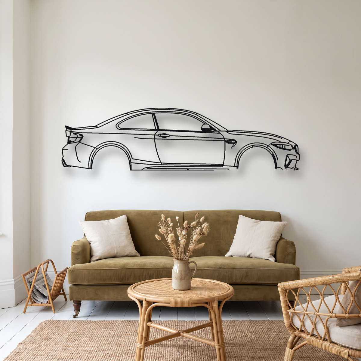 BMW M2 CS F87 metal wall art silhouette, front view on wall