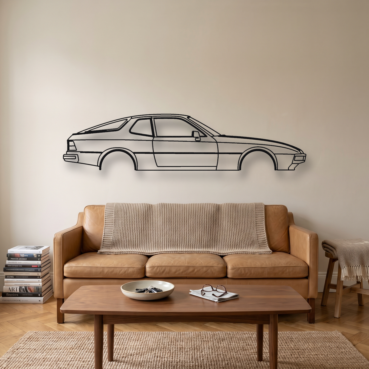 Porsche 924 metal wall art silhouette, front view on wall