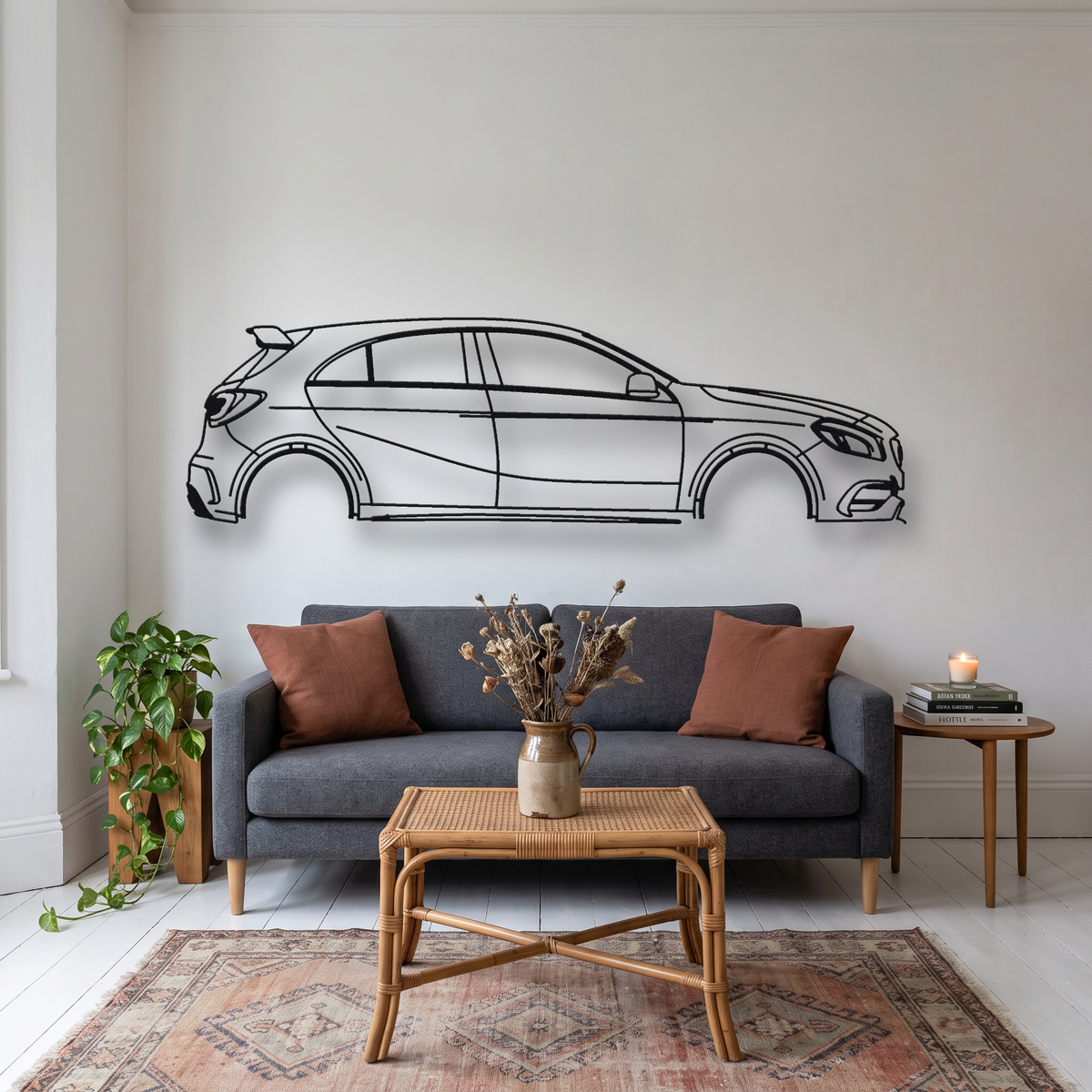 Mercedes-Benz A45 AMG W176 metal wall art silhouette, front view on wall