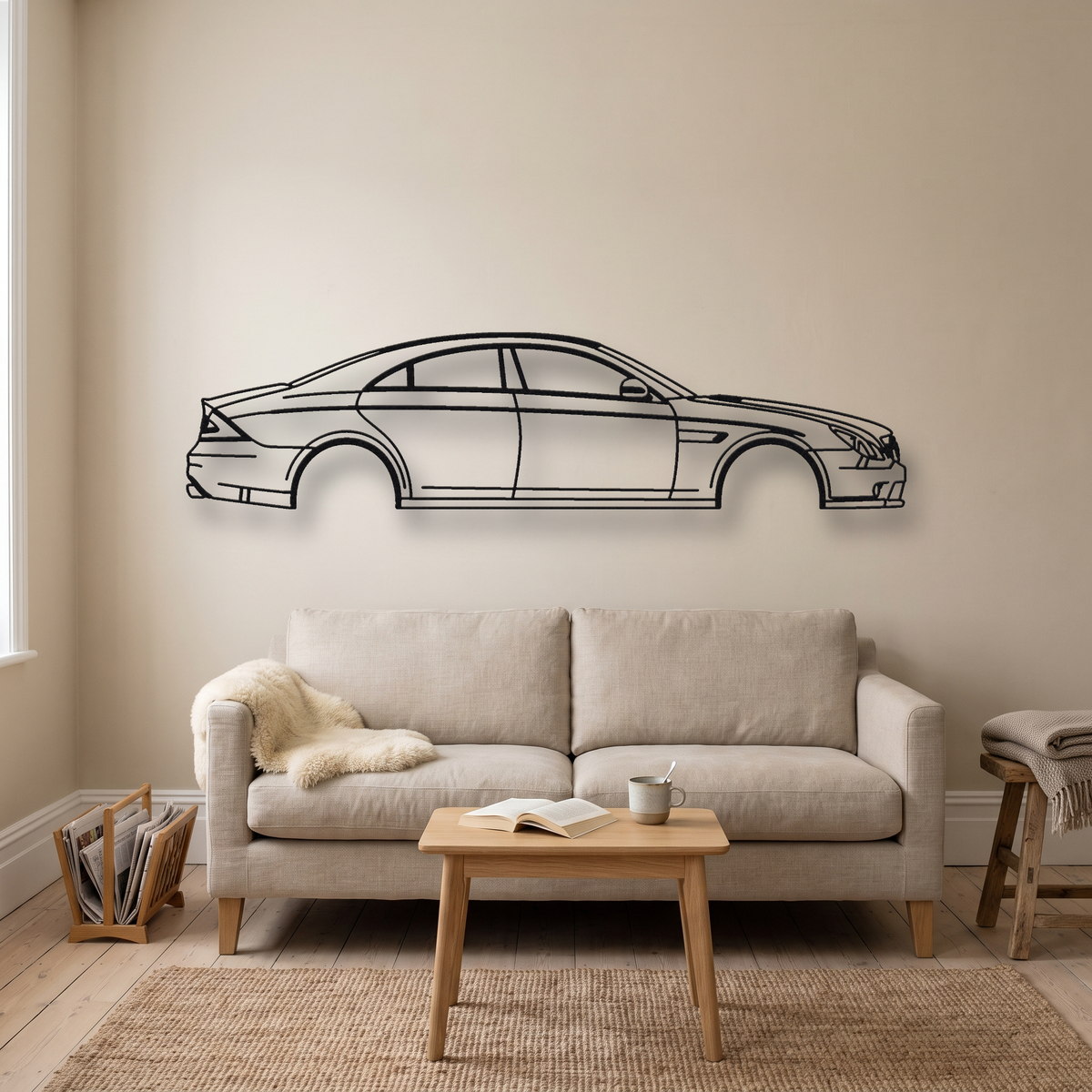 Mercedes-Benz CLS 55 / CLS 63 AMG C219 metal wall art silhouette, front view on wall